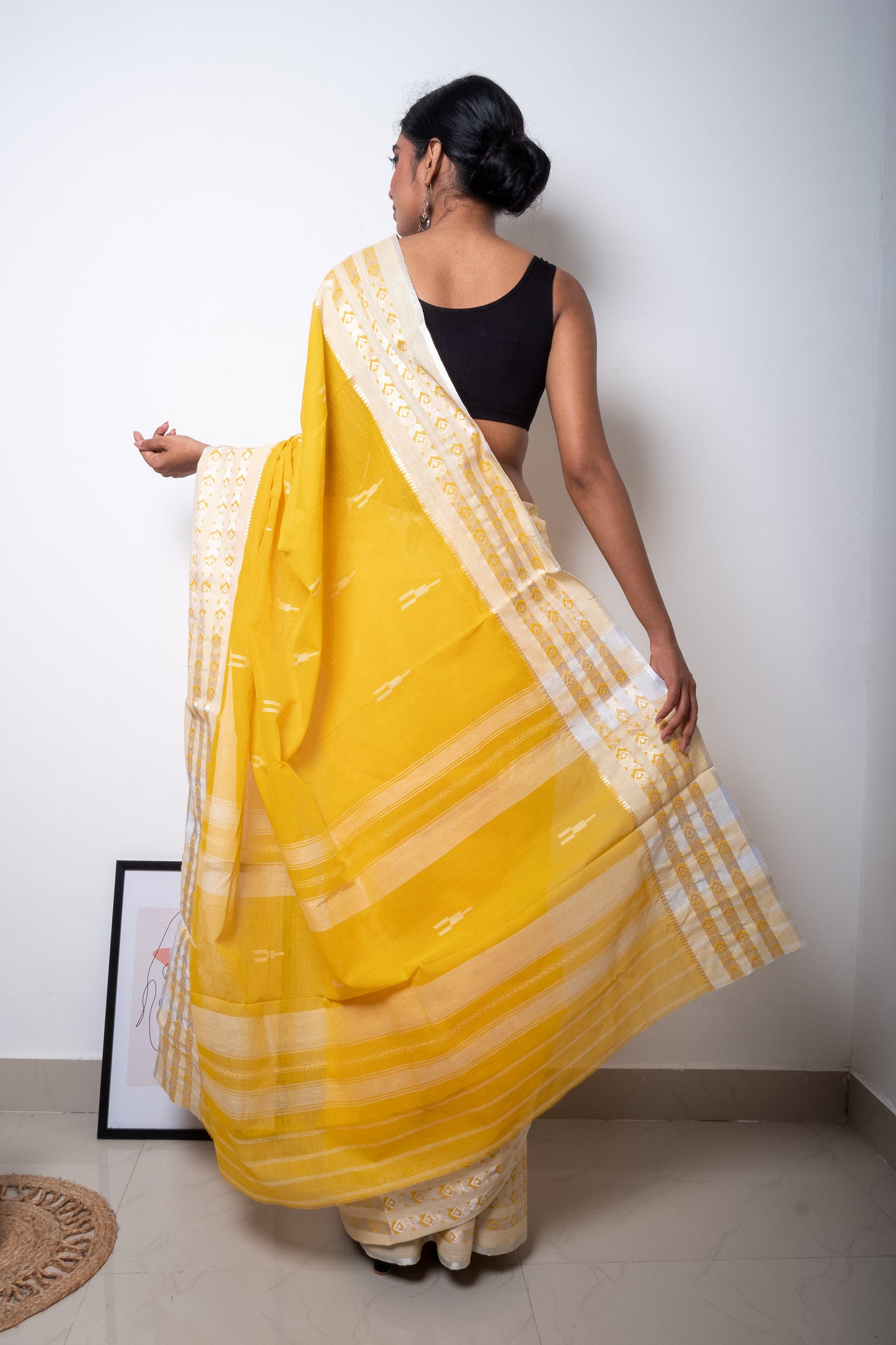 Yellow Cotton Dhaniakhali Saree with Woven Small Fish Motifs Borders