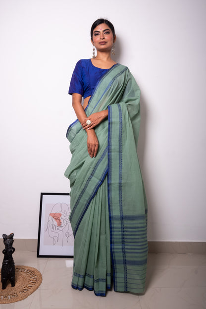 Pastel Green Dhaniakhali Cotton Saree with Blue Thin Temple Border