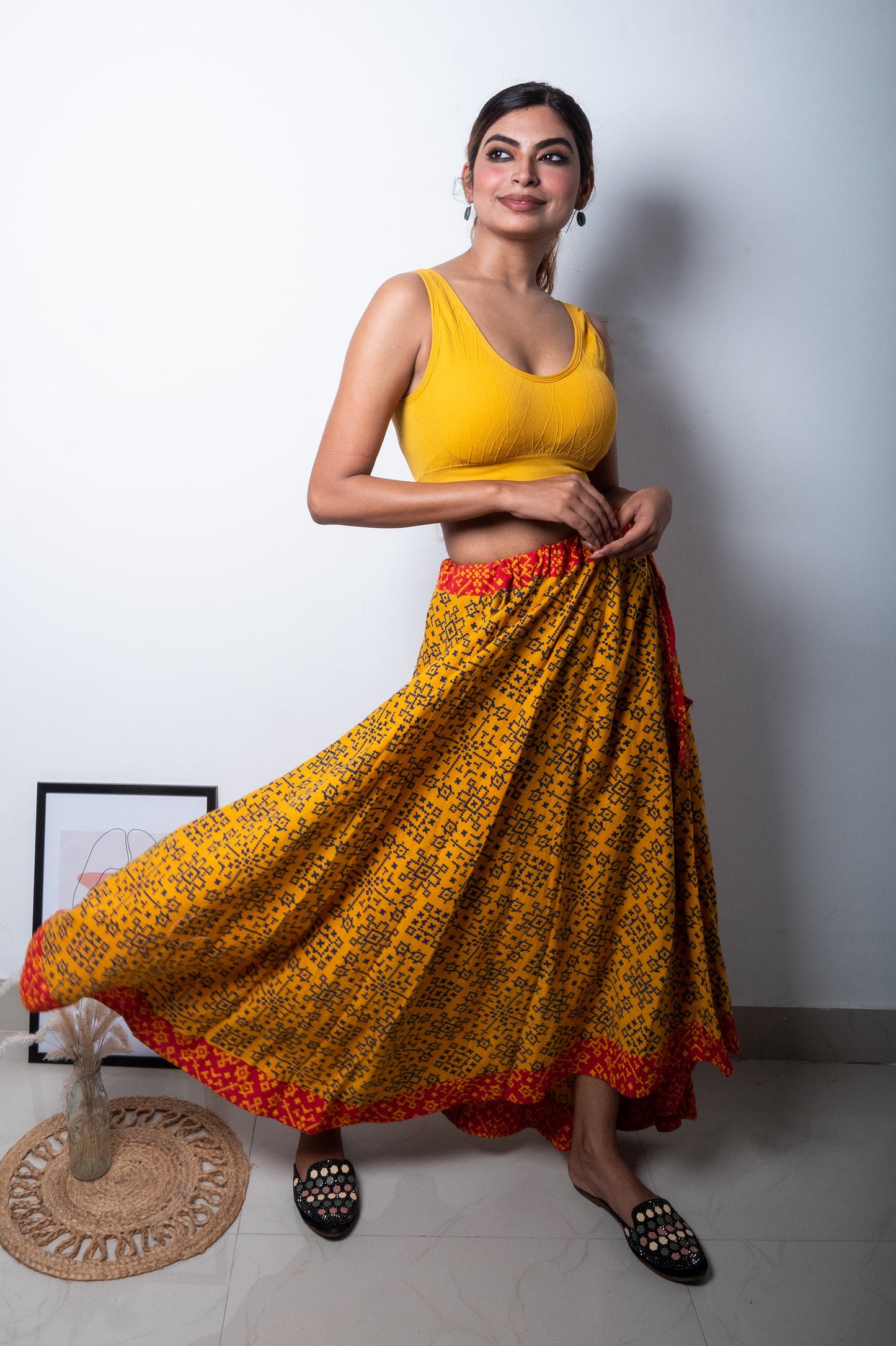 Yellow Block Printed Pure Cotton U-shaped Skirt