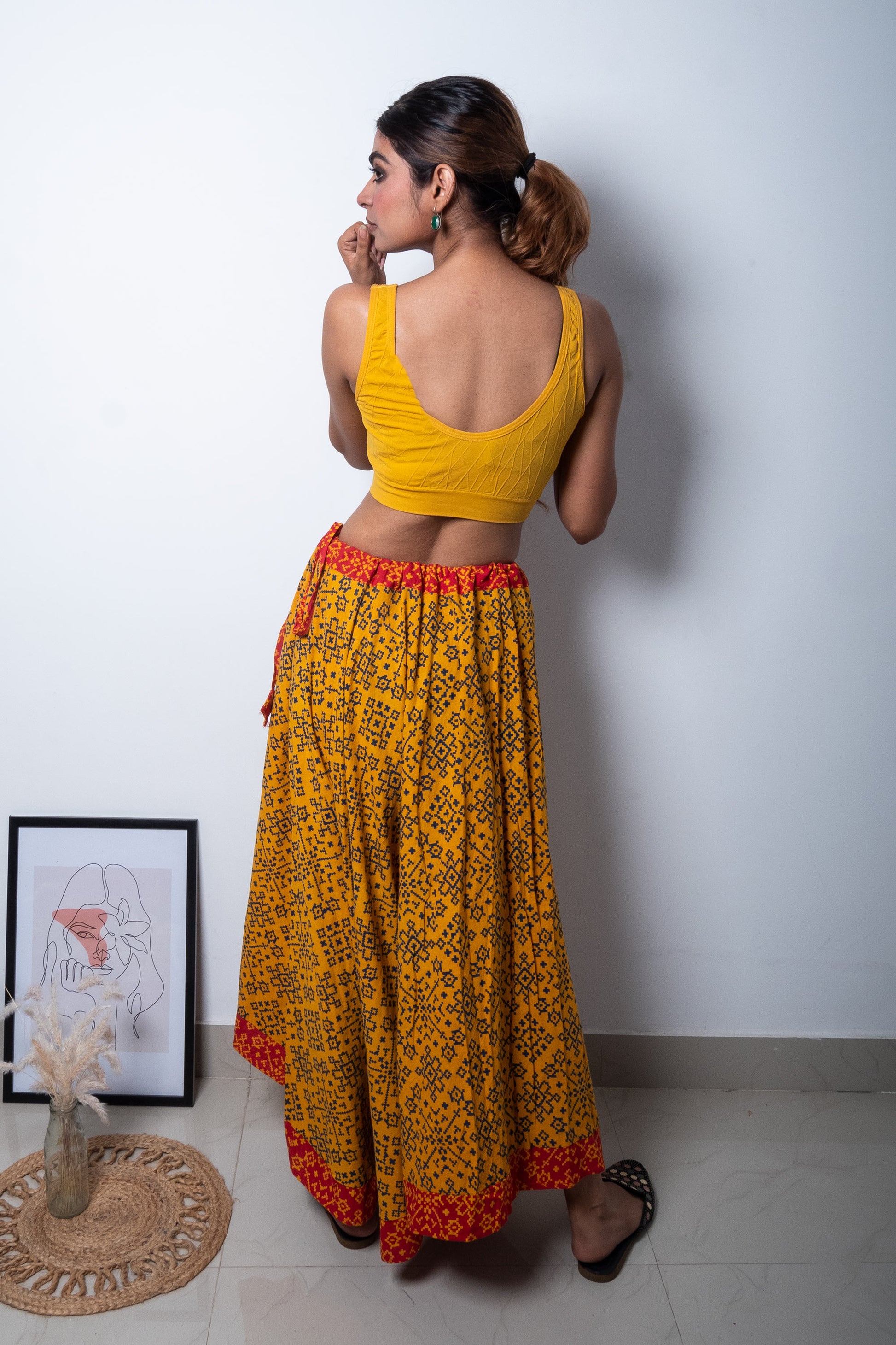 Yellow Block Printed Pure Cotton U-shaped Skirt