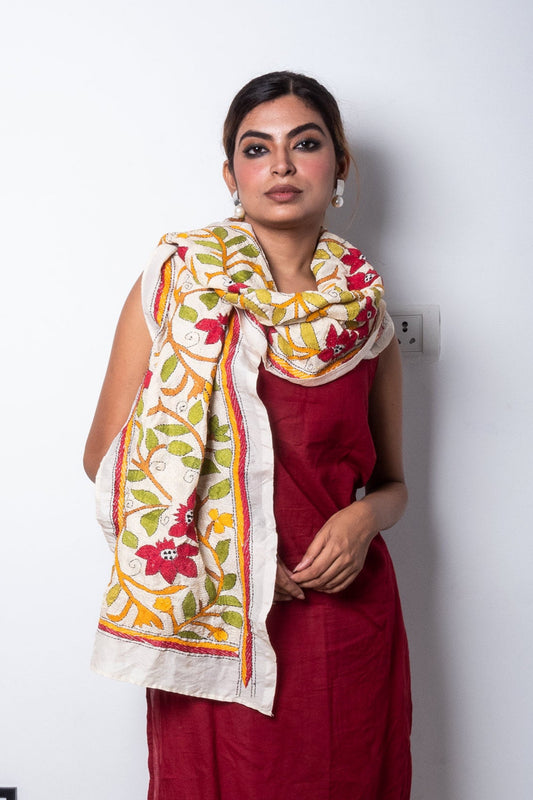 Multicolor Tussar Silk Stoles/Dupatta- Red Flower