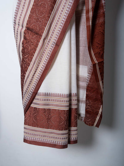 Off White Dhaniakhali Cotton Saree with Brown Woven Borders