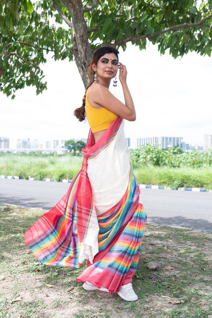 Off White Dhaniakhali Cotton Saree with Rainbow Colour Border