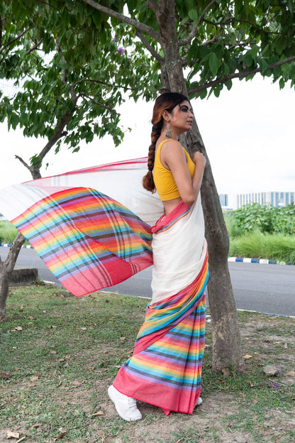 Off White Dhaniakhali Cotton Saree with Rainbow Colour Border