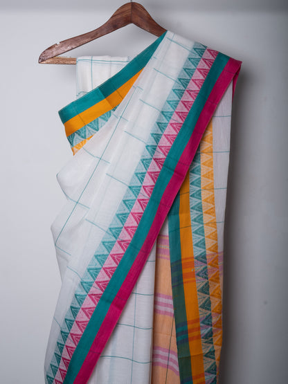 White Blue Cotton Big Check Dhaniakhali Saree with Ganga Jamuna Woven Border