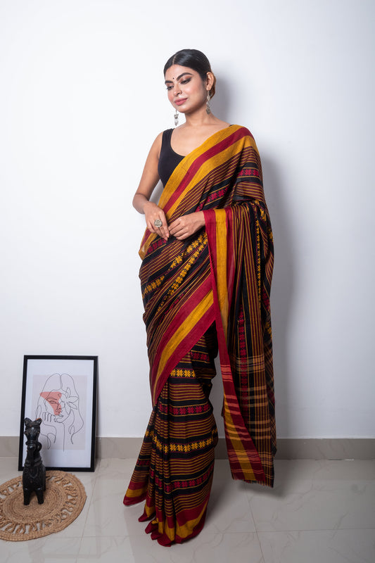 Black-Red-Yellow Floral Dhaniakhali Soft Cotton Saree