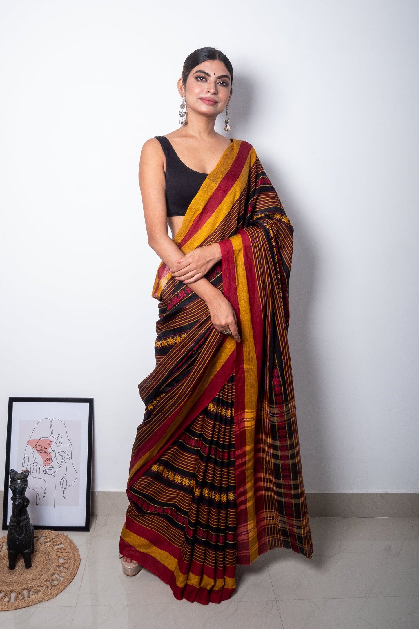 Black-Red-Yellow Floral Dhaniakhali Soft Cotton Saree