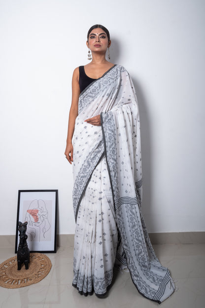 White-Black Handloom Woven Jamdani Saree