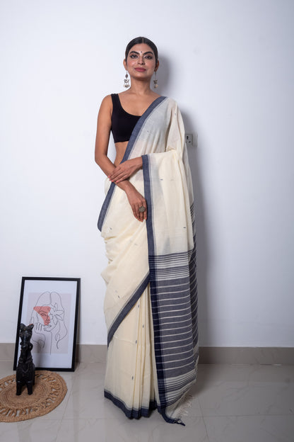 Cream-Black Handloom Jamdani Saree with Needle Woven Buttis