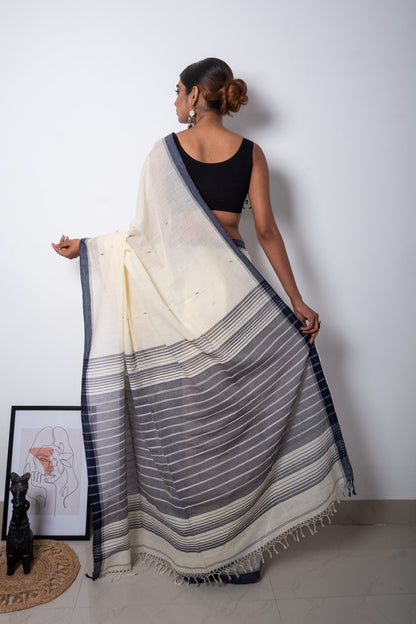 Cream-Black Handloom Jamdani Saree with Needle Woven Buttis