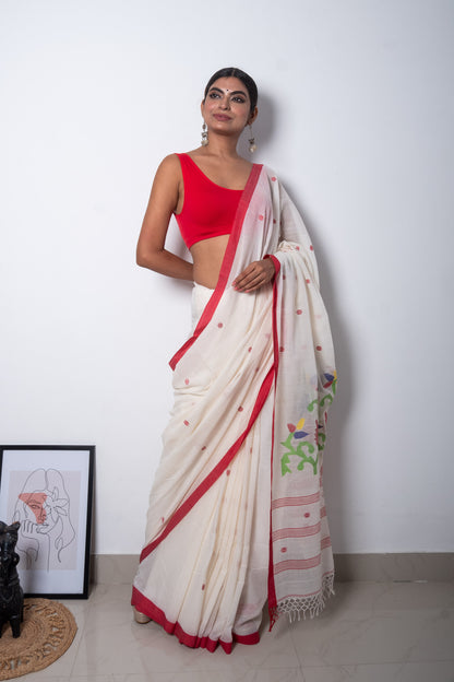 Off White- Red Purely Handloom Needle Woven Jamdani Saree