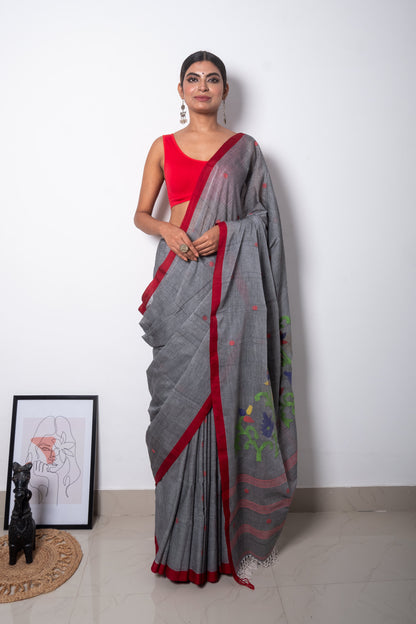 Blackish Grey- Red Purely Handloom Needle Woven Jamdani Saree