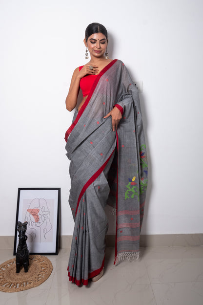 Blackish Grey- Red Purely Handloom Needle Woven Jamdani Saree