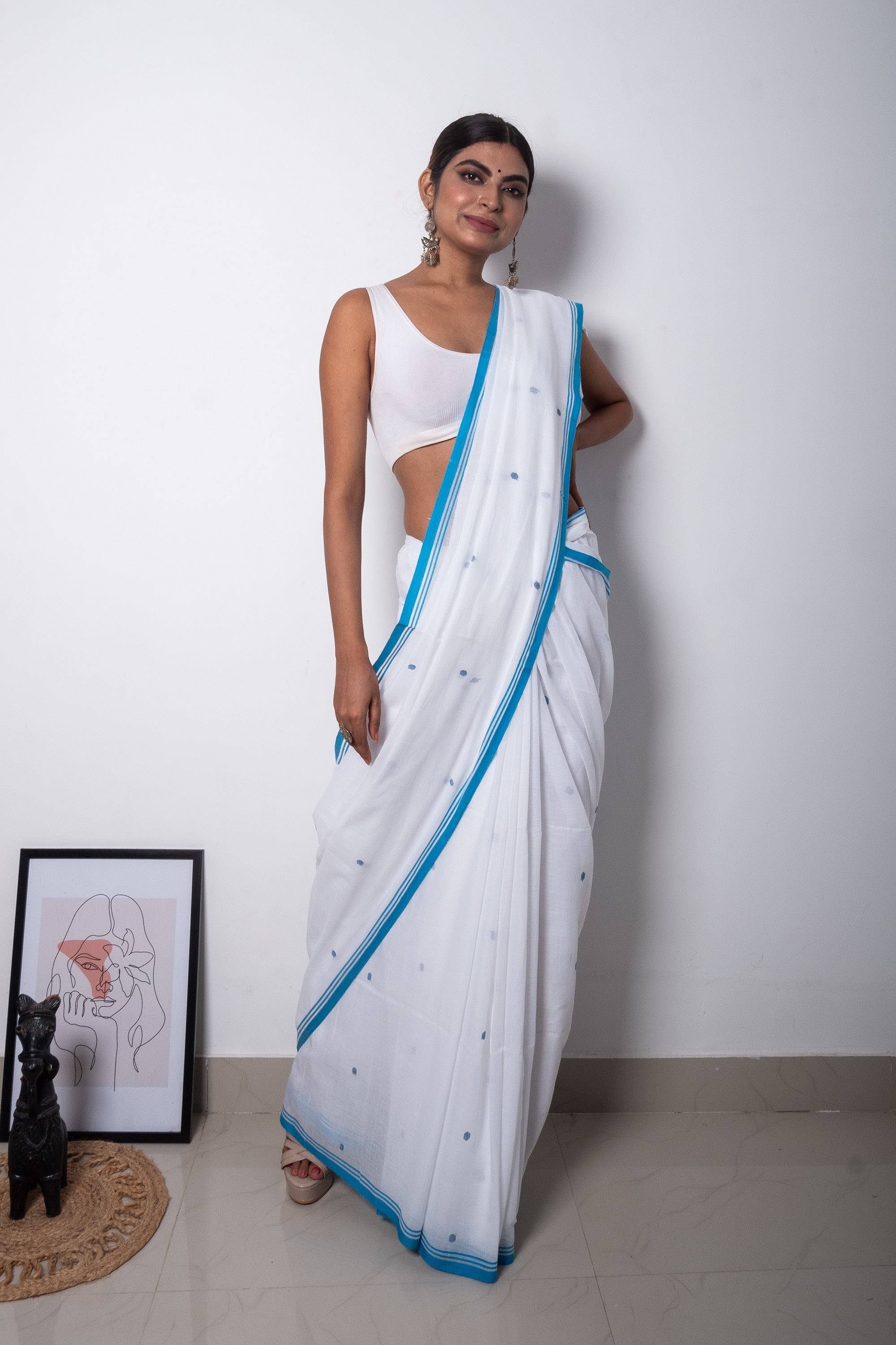 Banarasee Pure Soft Cotton Saree With Blue Leaf Motif Border- Off-Whit