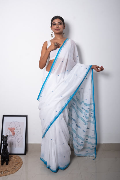 White- Blue Purely Handloom Needle Woven Jamdani Saree