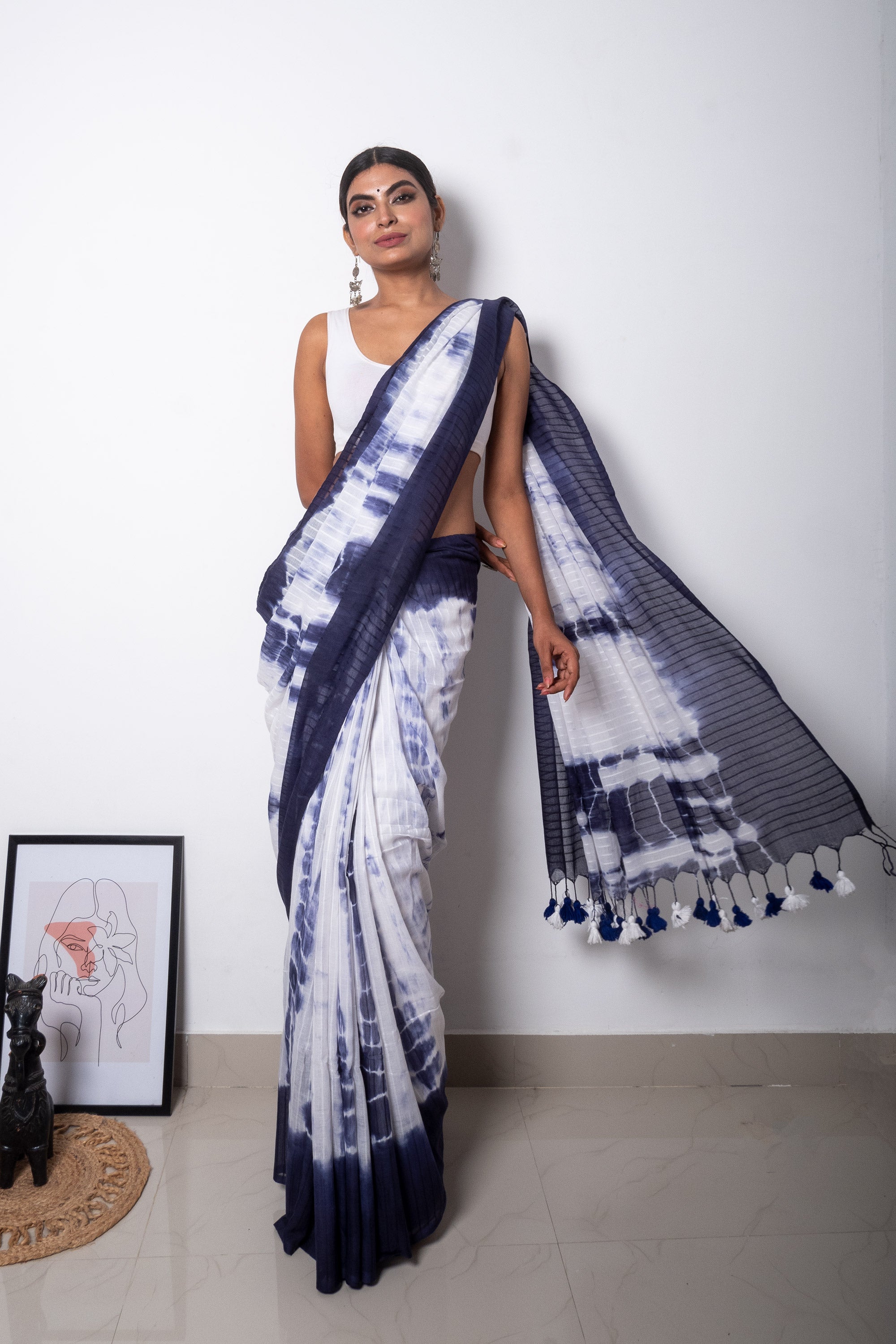 Zodiac Blue and White Cotton Saree - No Plastic Shop