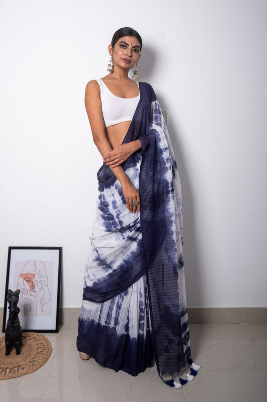 Blue-White Tie-Dye Sibhori Mul Cotton Saree