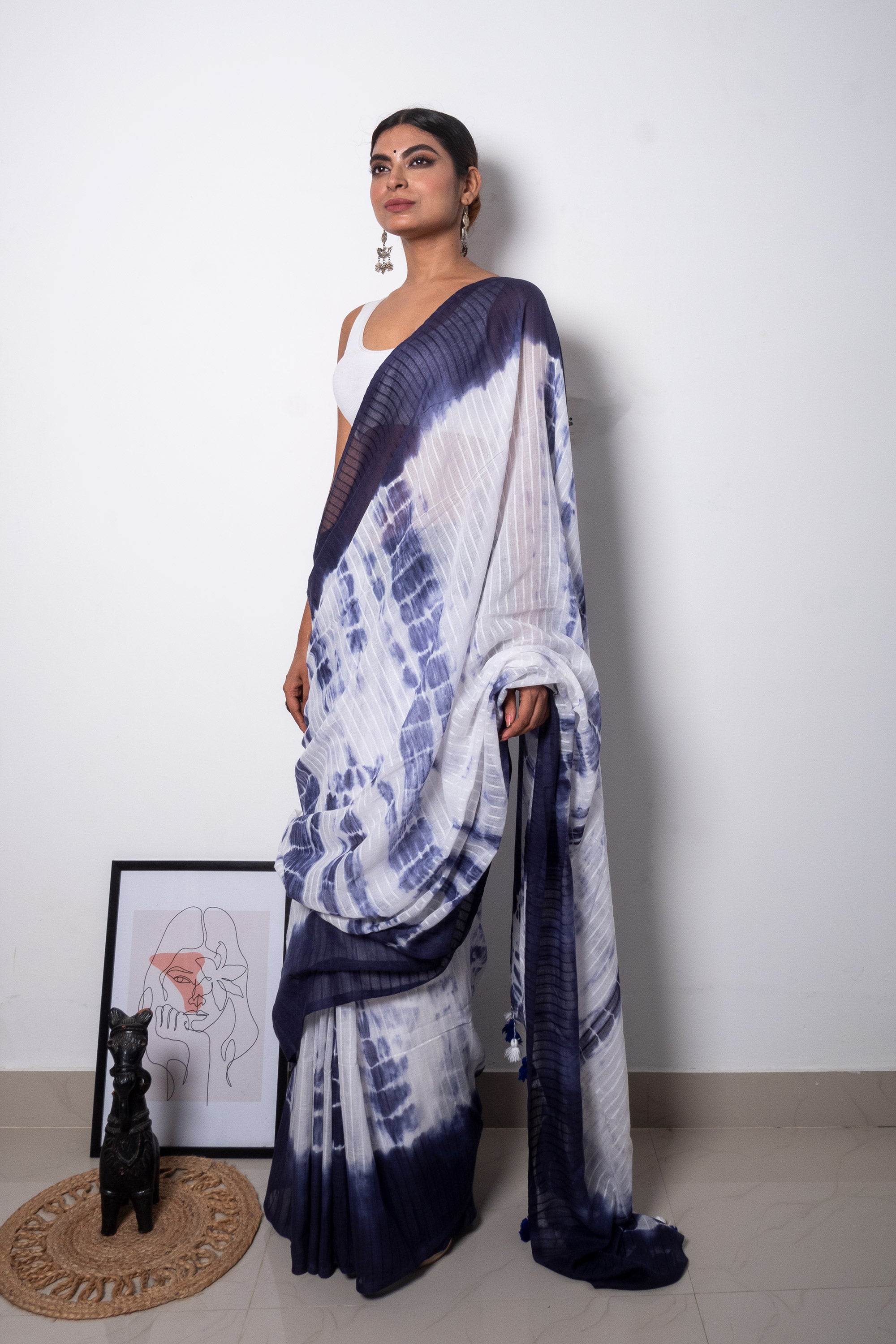 Blue-White Tie-Dye Sibhori Mul Cotton Saree