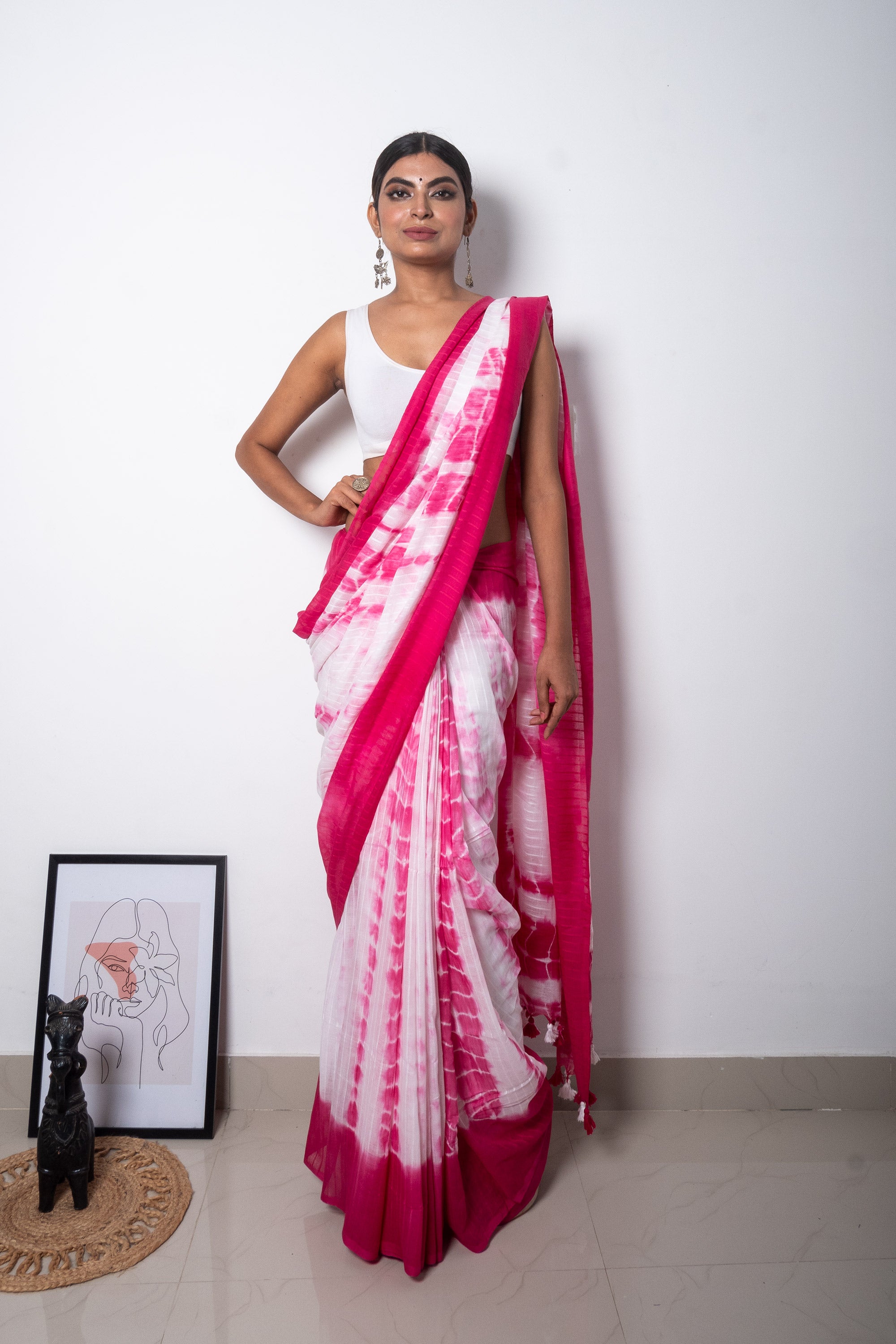 Pink-White Tie & dye mul Cotton Saree
