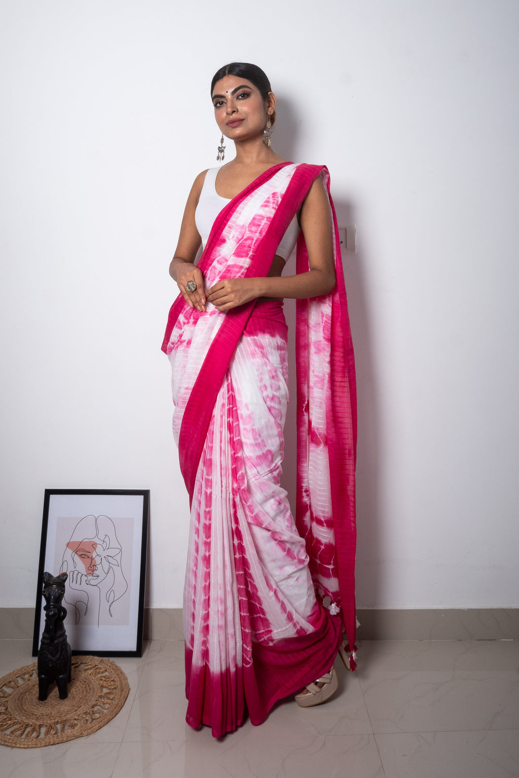 Pink-White Tie & dye mul Cotton Saree