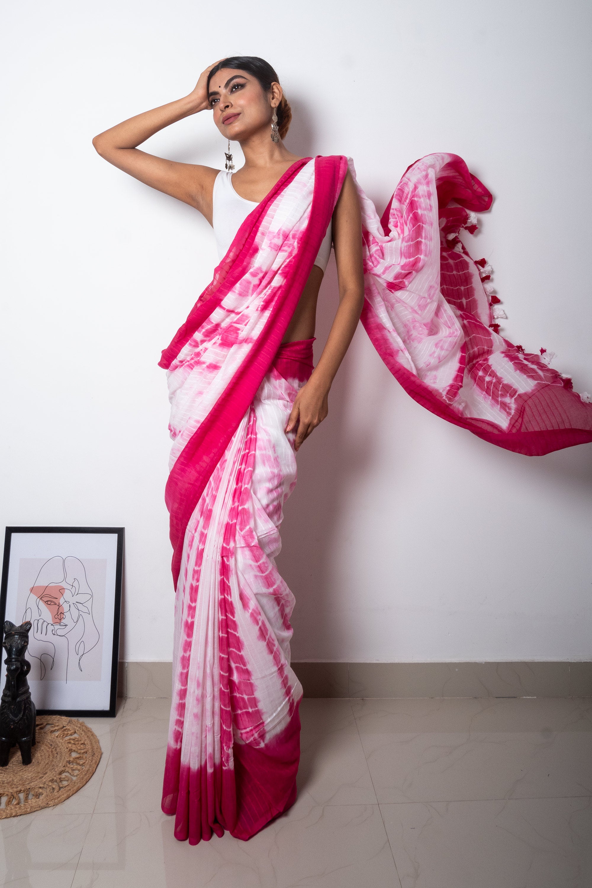 Pink-White Tie & dye mul Cotton Saree