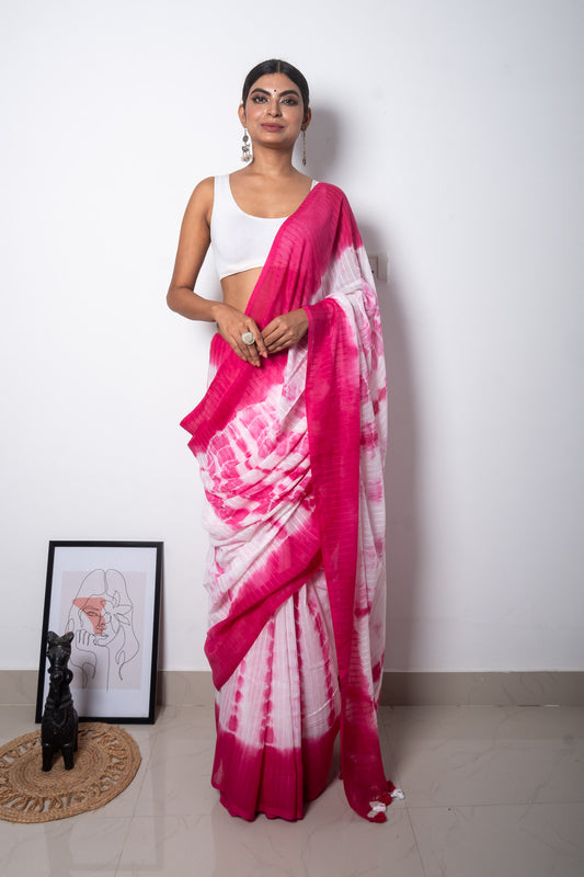 Pink-White Tie & dye mul Cotton Saree