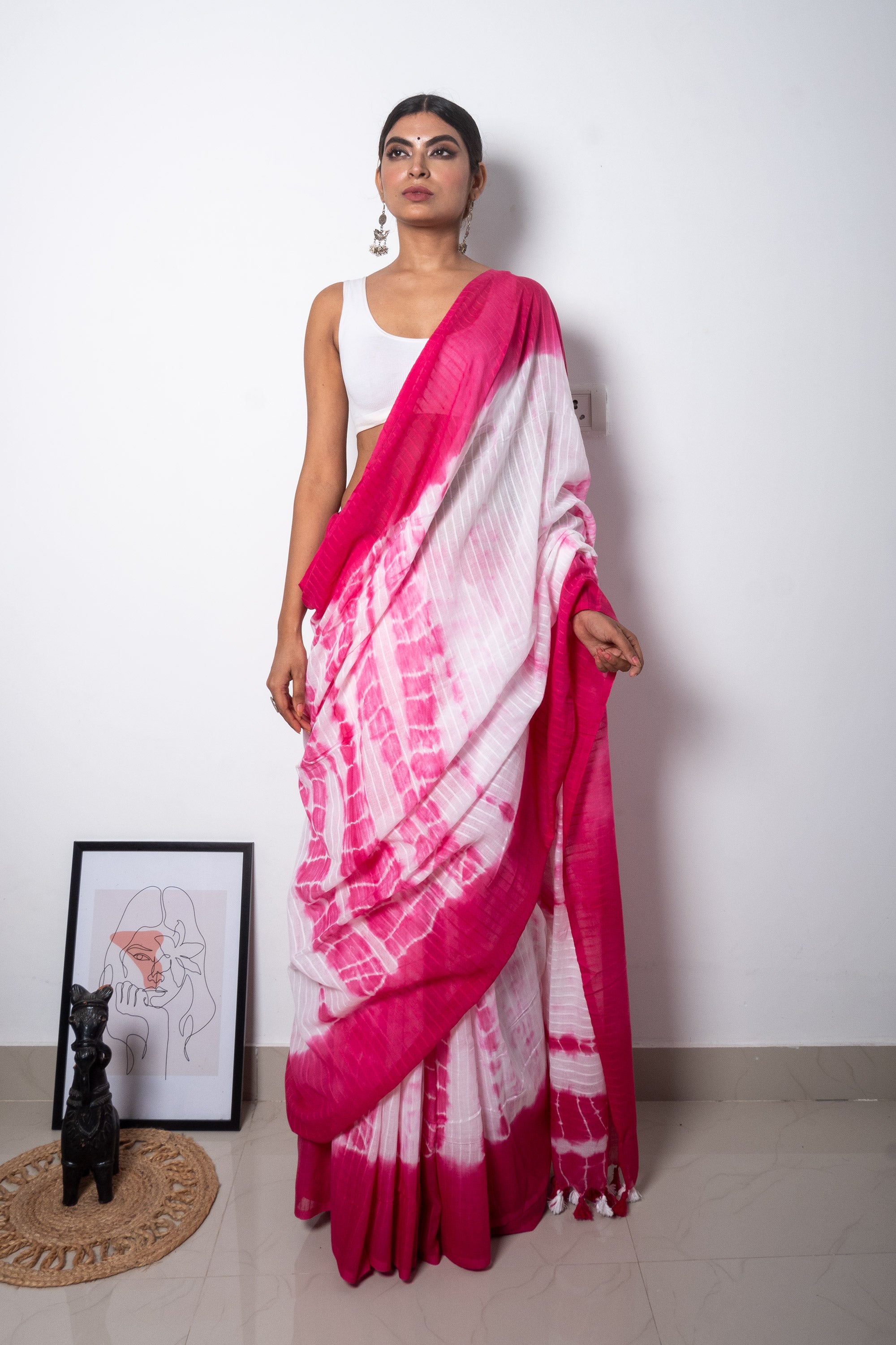 Pink-White Tie & dye mul Cotton Saree