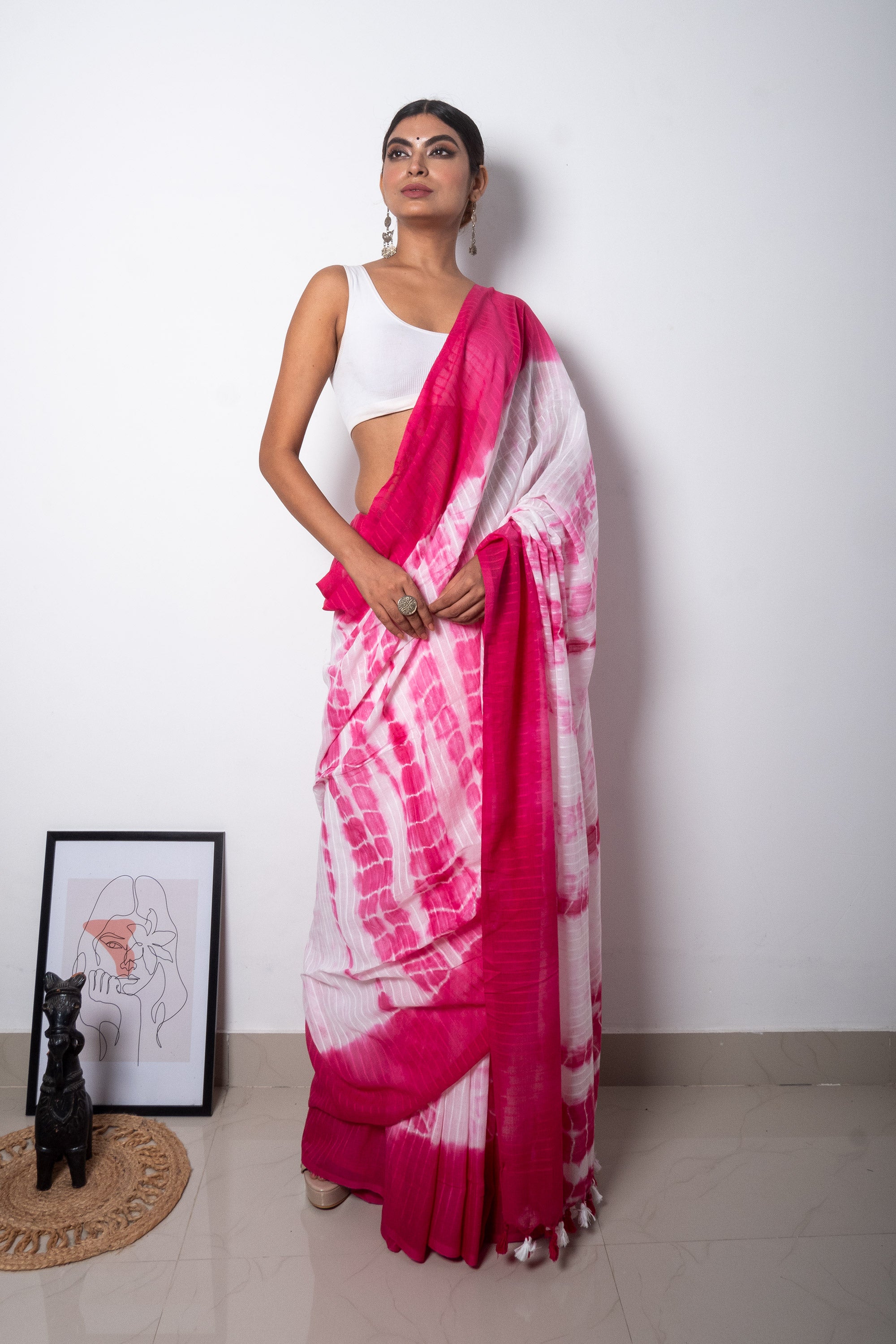 Pink-White Tie & dye mul Cotton Saree