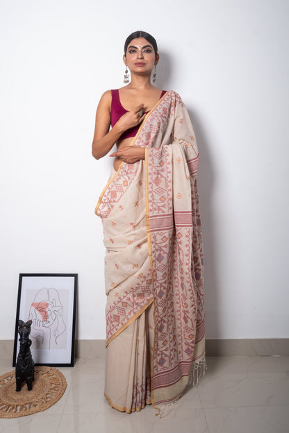 Beige Handloom Woven Jamdani Saree