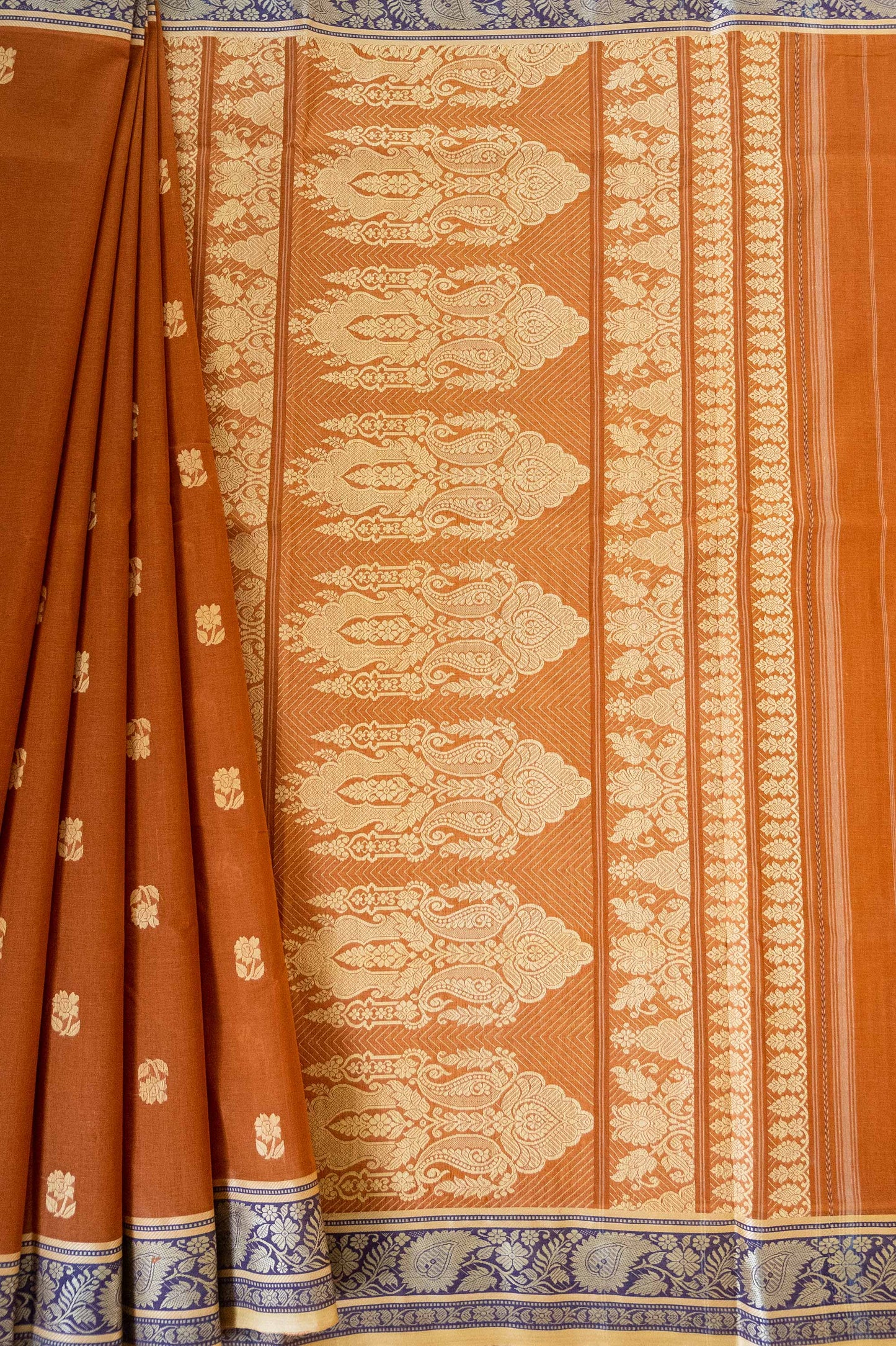 Rust Cotton Handloom Woven Baluchari Saree with Blue Border