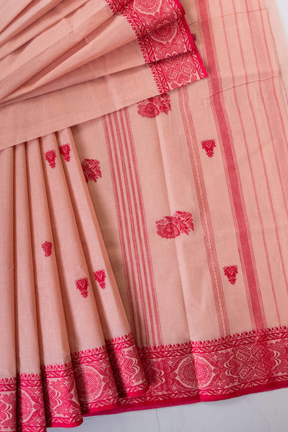 Dudhe Alta Cotton Handloom Woven Baluchari Saree with Red Border