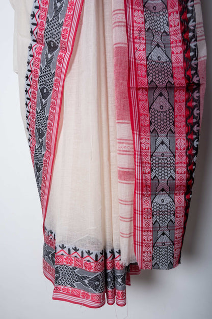 Off White Dhaniakhali Cotton Handloom Saree with Woven Fish Borders
