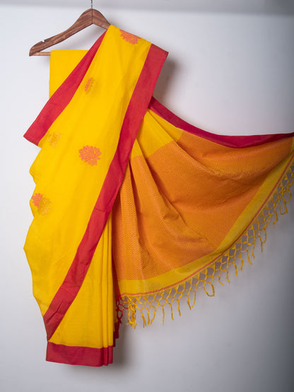 Yellow Handwoven Red Border Saree with Red and Rose Gold Leaf Motifs