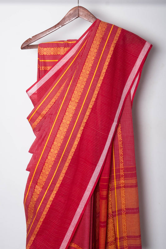 Buy Red White Cotton Small Check Dhaniakhali Saree with Yellow Woven Borders- MayashaBuy Red White Cotton Small Check Dhaniakhali Saree with Yellow Woven Borders- Mayasha