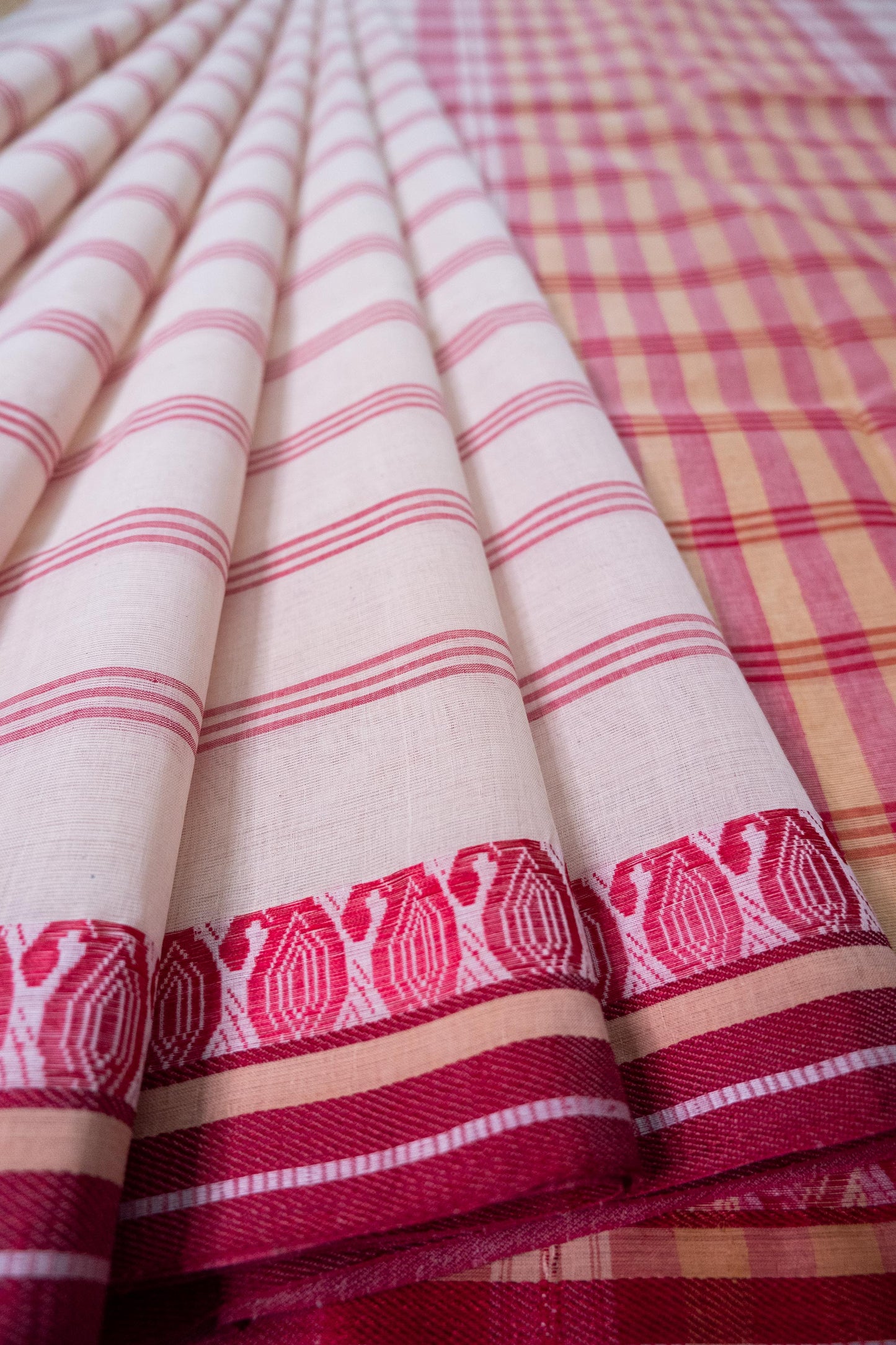Lal Paar Stripe Cotton Saree with Kolka Border
