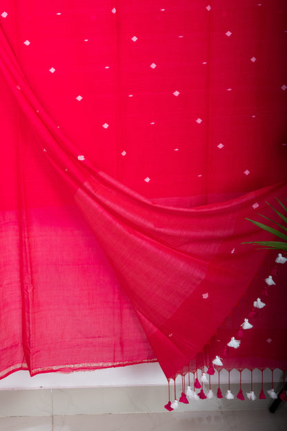 Fuchsia Pink Muslin Cotton Purely Handloom Needle Woven Jamdani Saree
