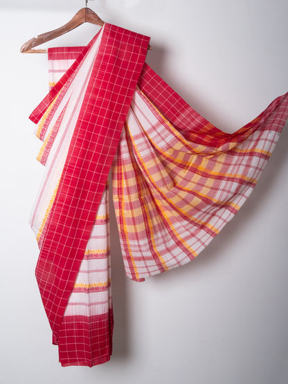 White Cotton Woven Dhaniakhali Saree with Red Ikkat Check Borders