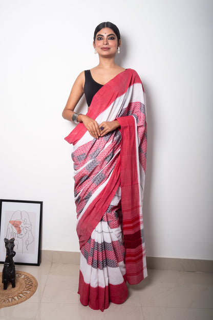 White Cotton Woven Dhaniakhali Saree with Red Borders