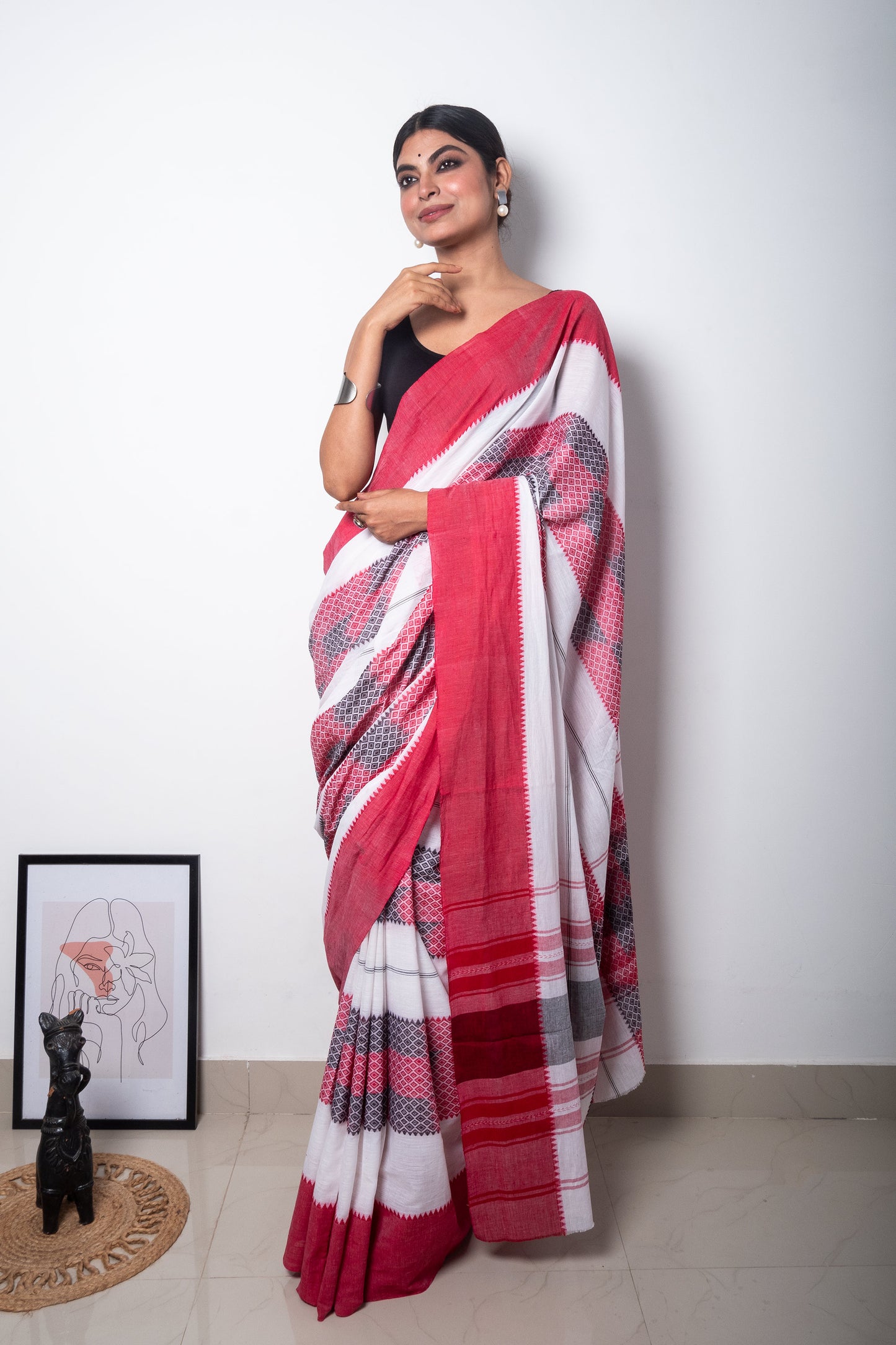 White Cotton Woven Dhaniakhali Saree with Red Borders
