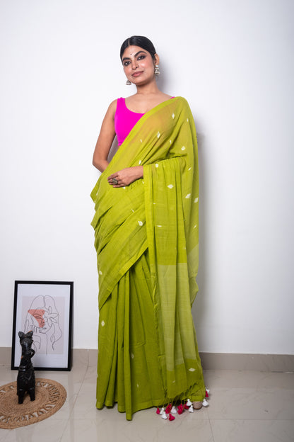 Lime Green Muslin Cotton Purely Handloom Needle Woven Jamdani Saree