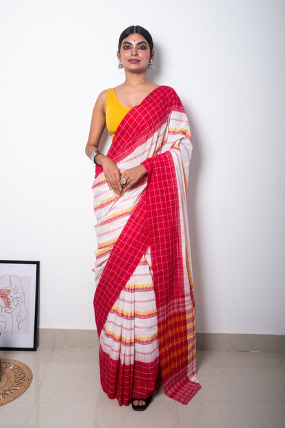 White Cotton Woven Dhaniakhali Saree with Red Yallow Woven Motifs and Red Ikkat Check Borders