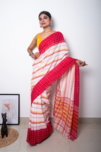 White Cotton Woven Dhaniakhali Saree with Red Yallow Woven Motifs and Red Ikkat Check Borders