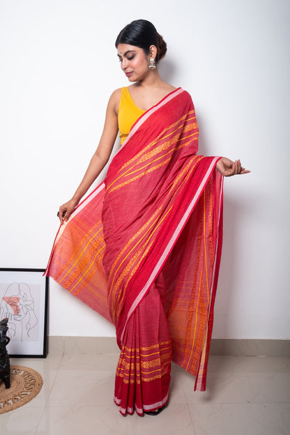 Red White Cotton Small Check Dhaniakhali Saree with Yellow Woven Borders