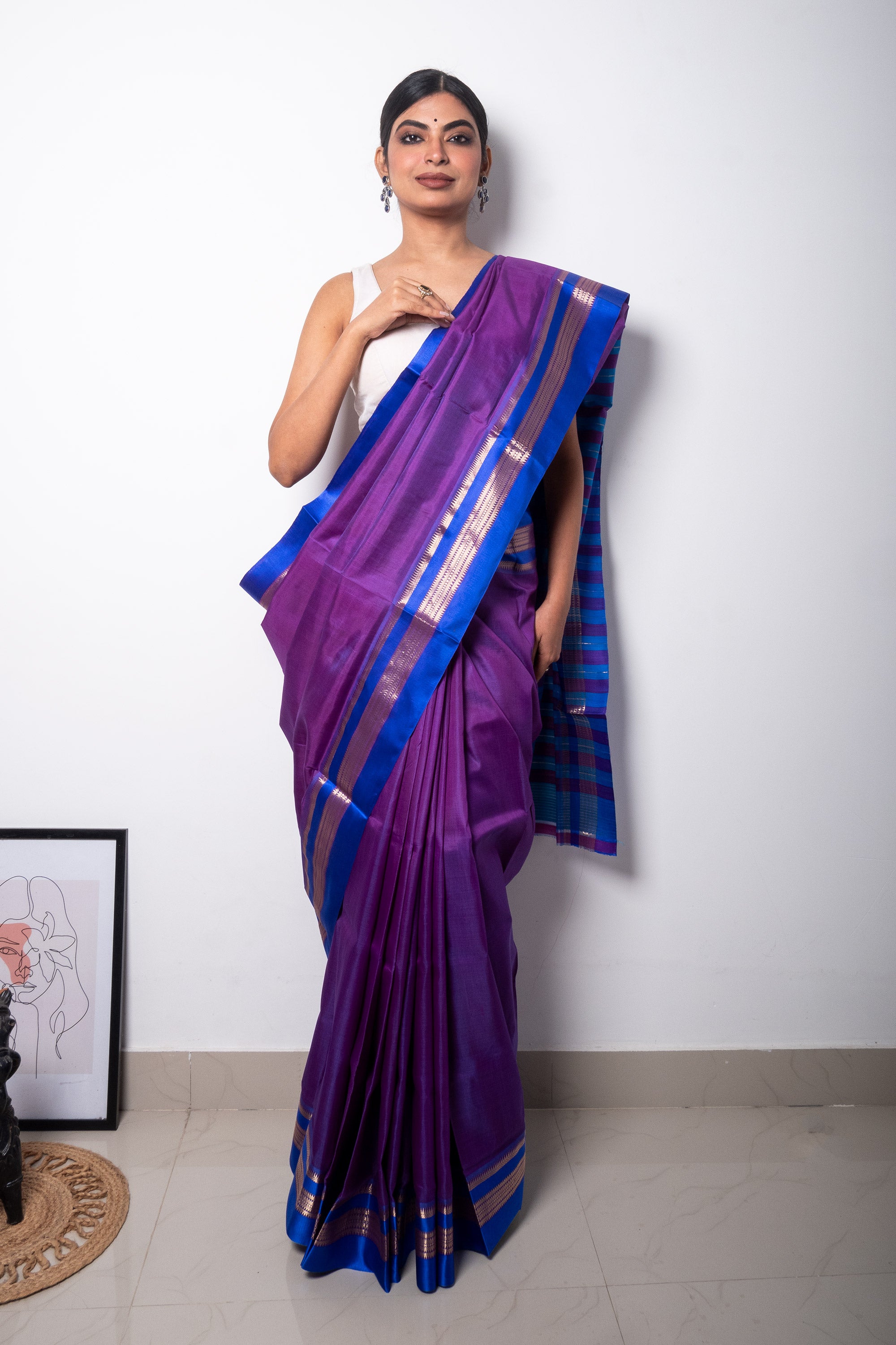 Purple And Blue Woven Paithani Soft Silk Saree – Zari Banaras