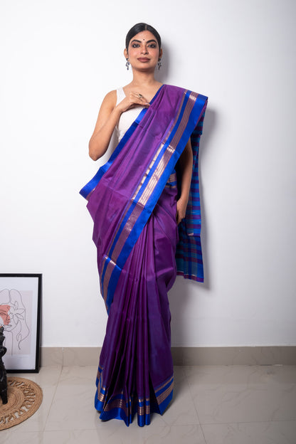Bluish Purple Murshidabad Silk Saree with Golden Weaved Border