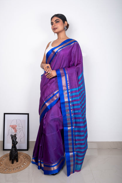 Bluish Purple Murshidabad Silk Saree with Golden Weaved Border