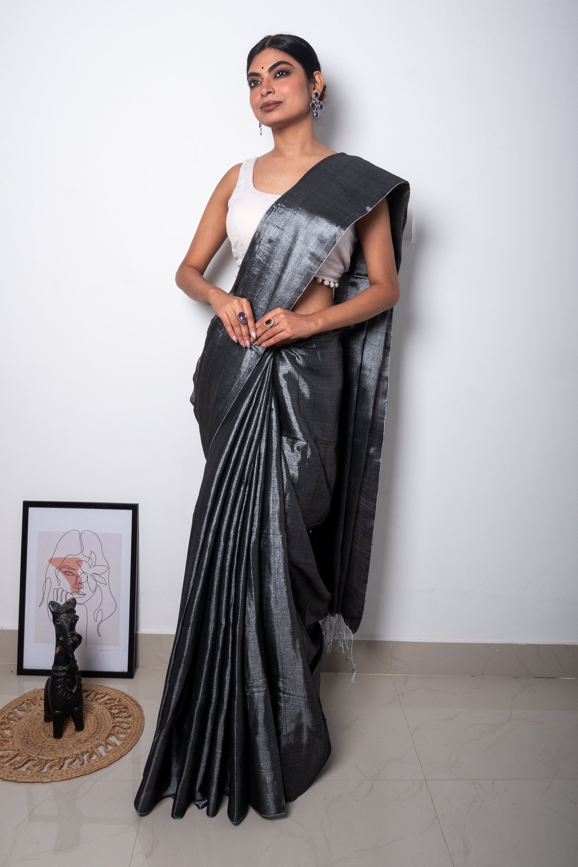 Slate Grey Cotton Tissue Saree