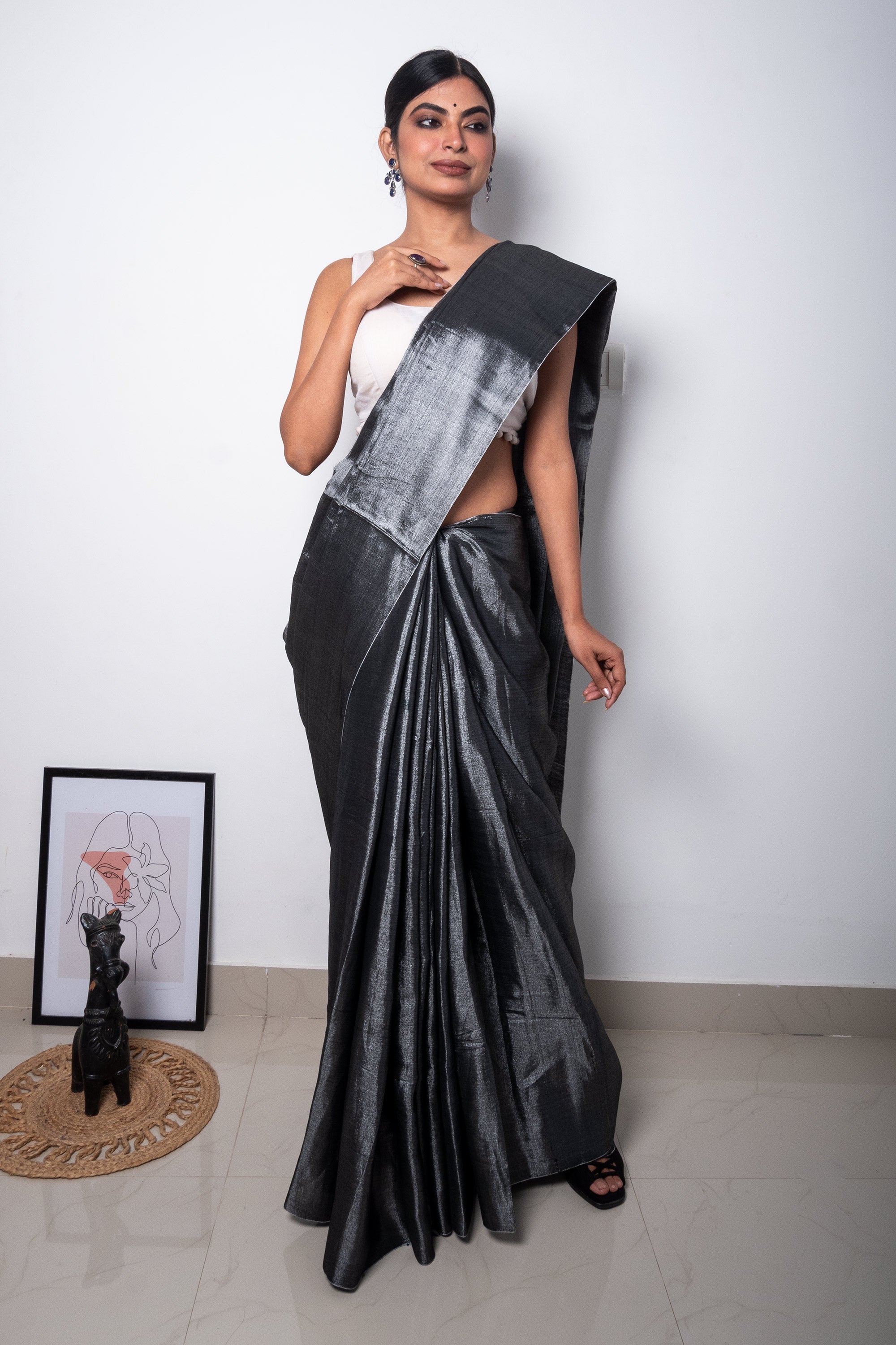 Slate Grey Cotton Tissue Saree