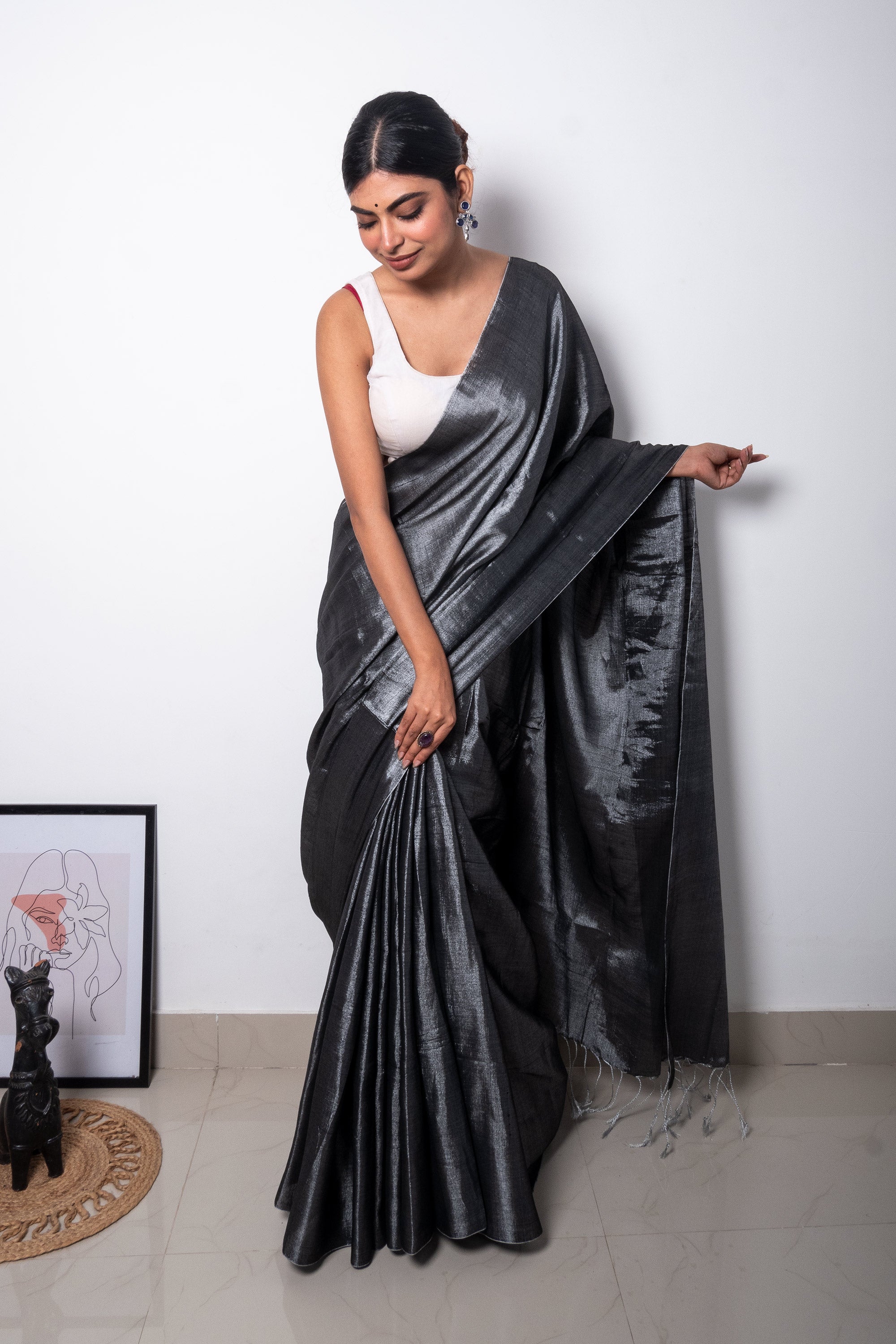 Slate Grey Cotton Tissue Saree