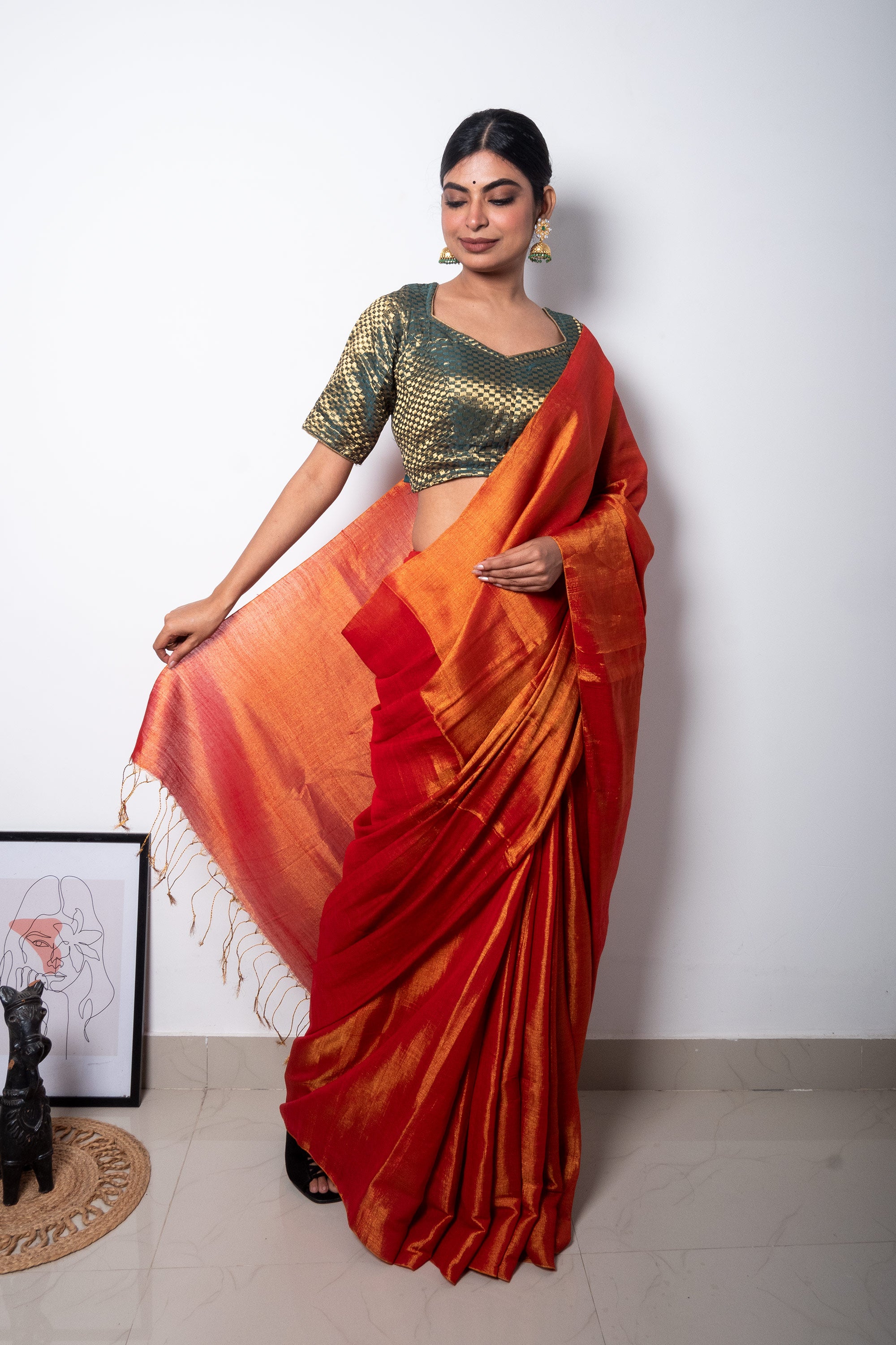Buy online Zari Woven Tissue Silk Sarees with Chit Pallu - Red-AF516